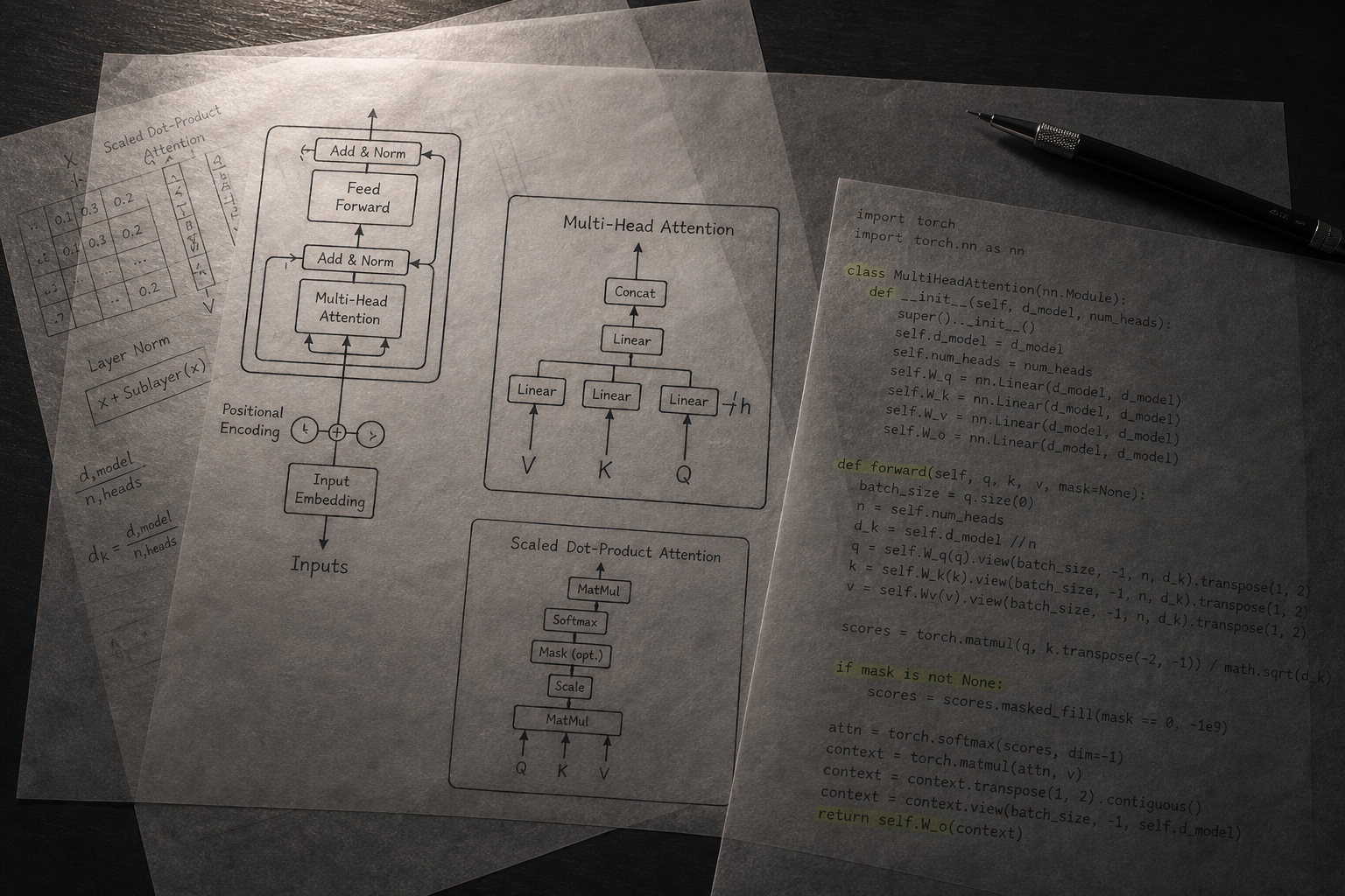 Transformer architecture sketches and code sheets spread across a dark workbench